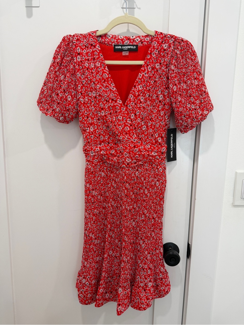 Karl Lagerfeld Red Floral Puff-Sleeve Midi Dress